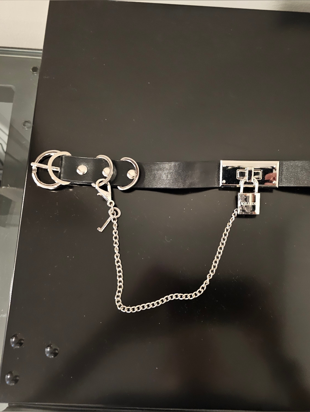 Killstar Black Faux Leather Choker Necklace with Silver Padlock & Chain